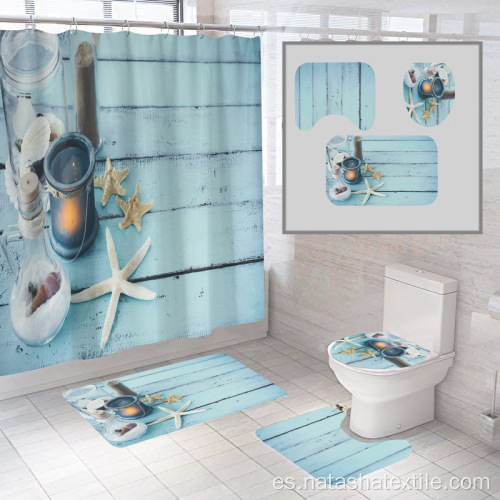 Juego de cortina de ducha de alfombra impermeable para baño de cuatro piezas